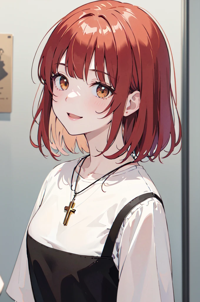 (masterpiece), (best quality), (ultra detailed),(disheveled hair),(illustration), (1woman), (casual clothing), standing, Fashion model, looking at viewer, (interview), (casual background),beautiful brown eyes, delicate beautiful face, ,(high saturation),(colorful splashes),colorful bubble,(shining), focus on face, kamisato ayaka, red hair, bangs, short hair, (shining), best lighting, best shadow. catholic cross necklace. smiling