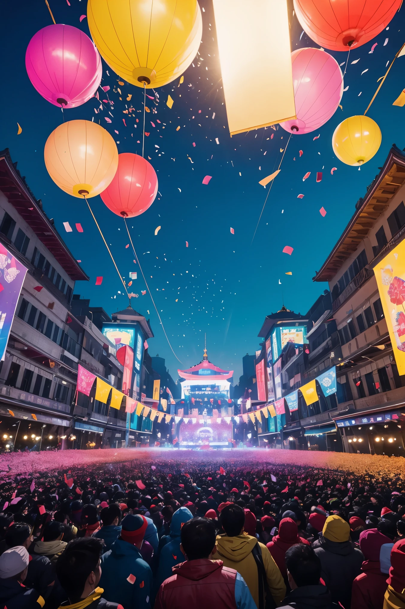 Grand festival celebration scene，Many people are partying，Freeze frame of Colorful Confetti floating in the sky，