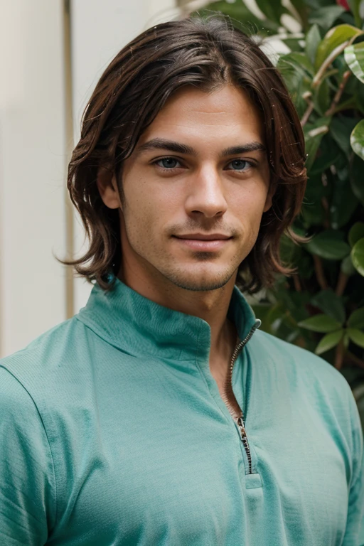 Create an image of a male who combines general characteristics often associated with tech entrepreneurs. The person should have a friendly and approachable, confident and handsome, mediterreanean type with green eye