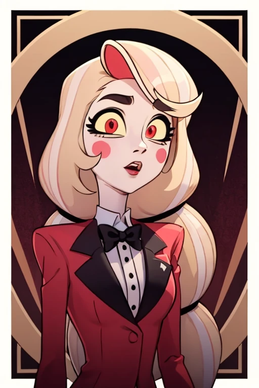 high quality, masterpiece, CHARLIE, REDSUIT, BLUSH STICKERS, RED EYES, BLACK BOWTIE