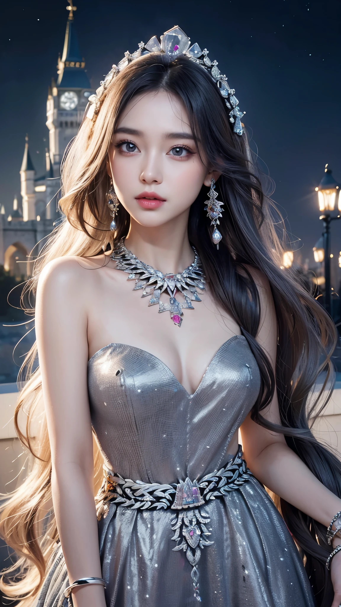 8K, ultra HD, masterpiece, realistic, 1 girl, good face, happy, smoggy makeup, very long hair, princess hairstyle, detailed eyes, detailed lips, medium figure, very detailed dress, silver dress, (jewelry:1.8), princess castle, bloom lighting, night lighting, darkness,