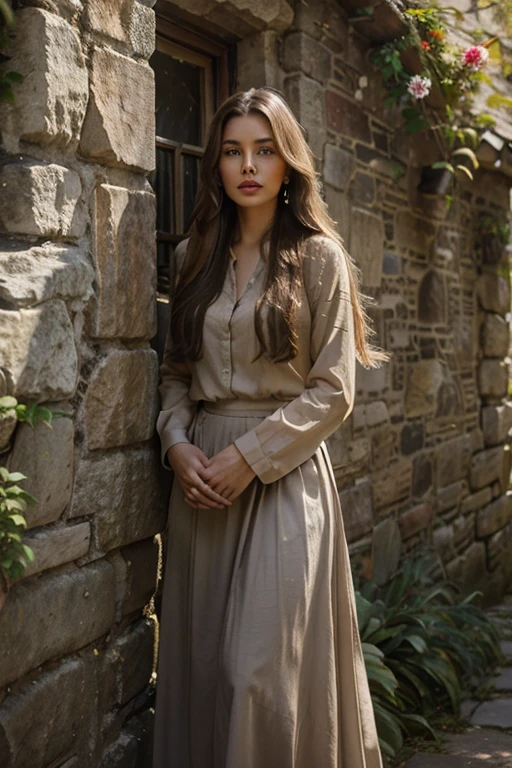 Photo of Woman, brown balayage long hair, blouse, long skirt, earrings, high quality, photorealistic, ultra realistic, outdoor, old stone buildings, wild nature, A wall overgrown with vegetation, plants on walls, flowers, sunlight