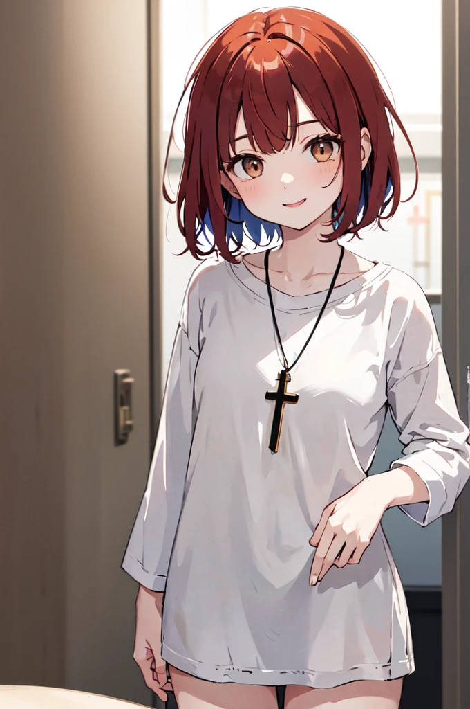 (masterpiece), (best quality), (ultra detailed),(disheveled hair),(illustration), (1woman), (casual clothing), standing, Fashion model, looking at viewer, (interview), (casual background),beautiful brown eyes, delicate beautiful face, ,(high saturation),(colorful splashes),(shining), kamisato ayaka, red hair, bangs, short hair, (shining), best lighting, best shadow. catholic cross necklace. smiling sexy