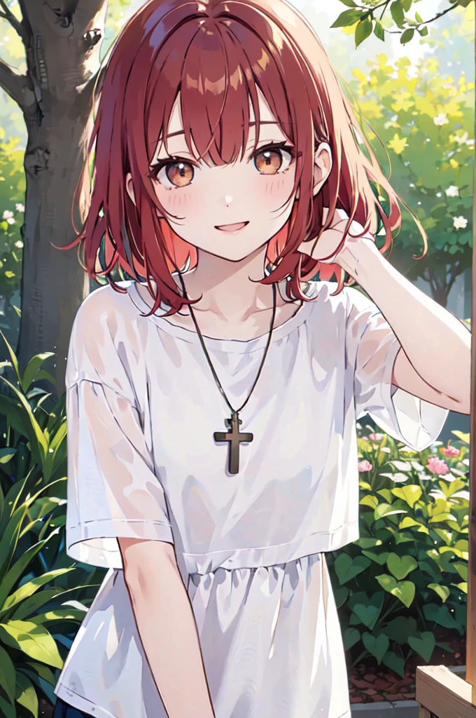 (masterpiece), (best quality), (ultra detailed),(disheveled hair),(illustration), (1woman), (casual clothing), standing, Fashion model, looking at viewer, (interview), (casual background),beautiful brown eyes, delicate beautiful face, ,(high saturation),(colorful splashes),(shining), kamisato ayaka, red hair, bangs, short hair, (shining), best lighting, best shadow. catholic cross necklace. smiling sexy