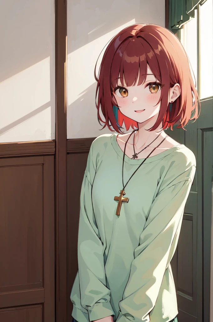 (masterpiece), (best quality), (ultra detailed),(disheveled hair),(illustration), (1woman), ((casual clothing)(colorful clothing)), standing, Fashion model, looking at viewer, (interview), (casual background),beautiful brown eyes, delicate beautiful face, ,(high saturation),(colorful splashes),(shining), kamisato ayaka, red hair, bangs, short hair, (shining), best lighting, best shadow. catholic cross necklace. smiling sexy