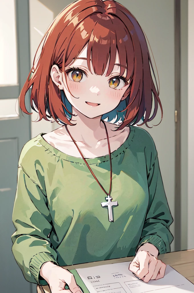 (masterpiece), (best quality), (ultra detailed),(disheveled hair),(illustration), (1woman), ((casual clothing)(colorful clothing)), standing, Fashion model, looking at viewer, (interview), (casual background),beautiful brown eyes, delicate beautiful face, ,(high saturation),(colorful splashes),(shining), kamisato ayaka, red hair, bangs, short hair, (shining), best lighting, best shadow. catholic cross necklace. smiling sexy