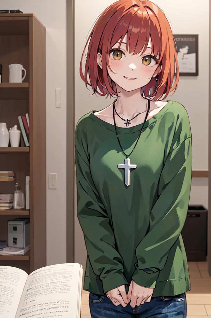 (masterpiece), (best quality), (ultra detailed),(disheveled hair),(illustration), (1woman), ((casual clothing)(colorful clothing)), standing, Fashion model, looking at viewer, (interview), (casual background),beautiful brown eyes, delicate beautiful face, ,(high saturation),(colorful splashes),(shining), kamisato ayaka, red hair, bangs, short hair, (shining), best lighting, best shadow. catholic cross necklace. smiling sexy