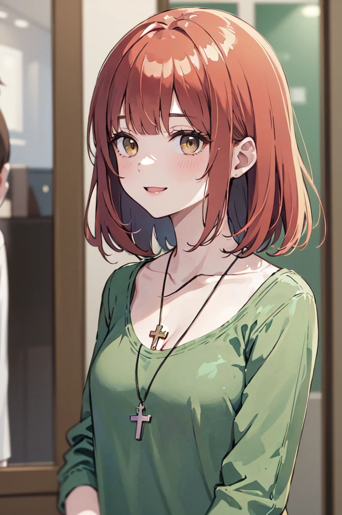 (masterpiece), (best quality), (ultra detailed),(disheveled hair),(illustration), (1woman), ((casual clothing)(colorful clothing)), standing, Fashion model, looking at viewer, (interview), (casual background),beautiful brown eyes, delicate beautiful face, ,(high saturation),(colorful splashes),(shining), kamisato ayaka, red hair, bangs, short hair, (shining), best lighting, best shadow. catholic cross necklace. smiling sexy