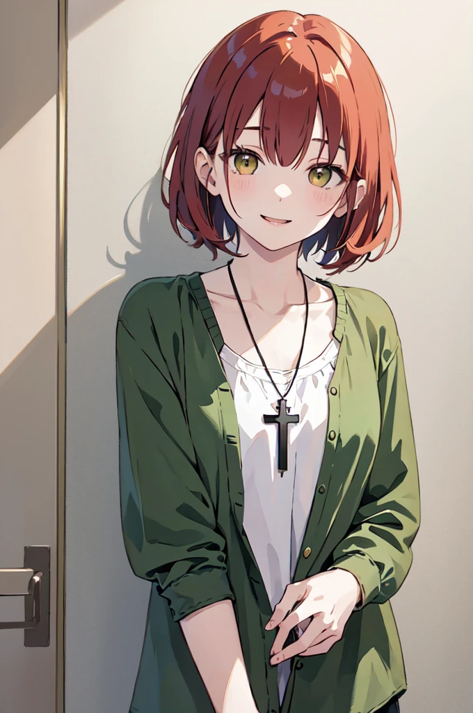 (masterpiece), (best quality), (ultra detailed),(disheveled hair),(illustration), (1woman), ((casual clothing)(colorful clothing)), standing, Fashion model, looking at viewer, (interview), (casual background),beautiful brown eyes, delicate beautiful face, ,(high saturation),(colorful splashes),(shining), kamisato ayaka, red hair, bangs, short hair, (shining), best lighting, best shadow. catholic cross necklace. smiling sexy