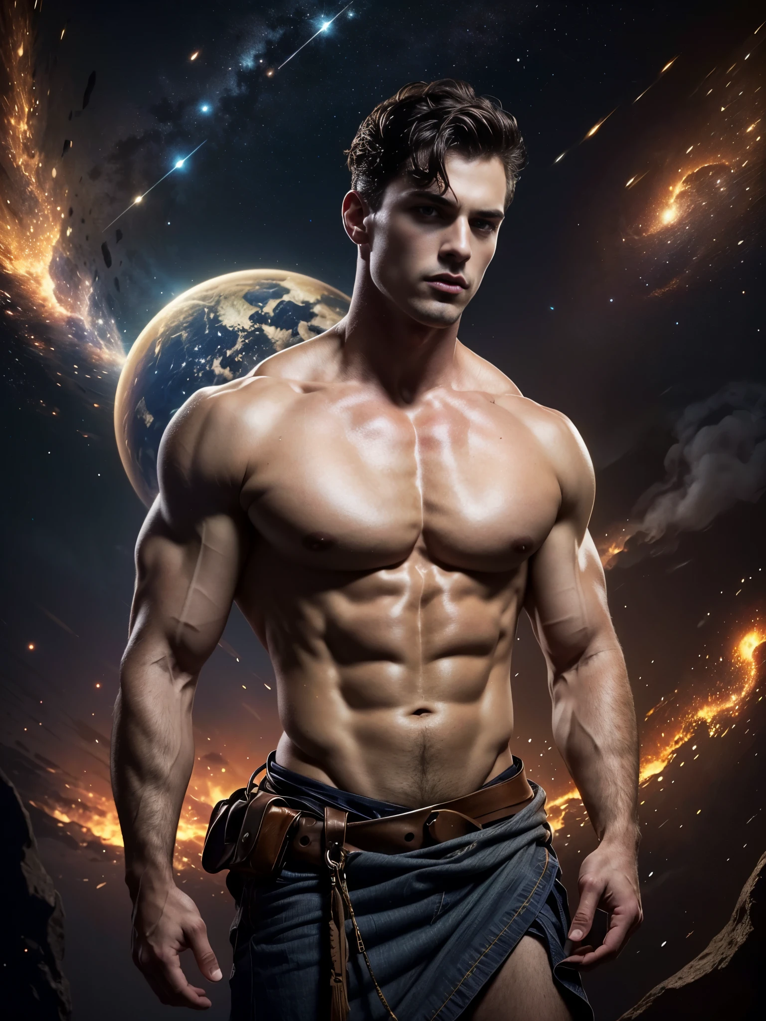 Photorealistic, ((best quality)), ((masterpiece)), (detailed),masculine portrait of Atlas, Atlas, carrying the planet Earth, fully naked, nude, side view, holding the planet Earth on his back, muscule, ripped, strong body, fit body, 1boy, outer space background, constellations, stars, galaxies, 8k, high detailed, ultra-detailed, Stylish Pose, real skin texture, dark cinematic lighting, 18-year-old male model, handsome, tall, cute looking, evil look, dark look, powerful, a young male handsome model, super strong, muscular, fit, massive muscles, six pack, clean shave, blue eyes. short messy brown hair, messy hair, ancient linen Greek small skirt, linen antique draped cloth skirt, ancient outerspace, constellation, galaxies, stars in the background