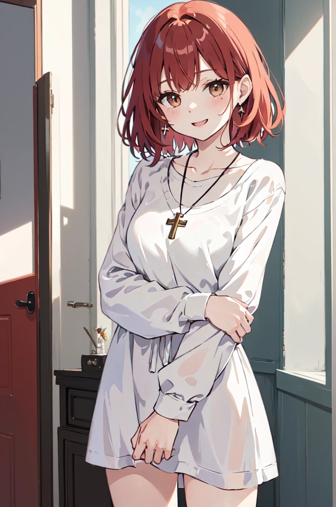 (masterpiece), (best quality), (ultra detailed),(disheveled hair),(illustration), (1woman), ((casual clothing)(colorful clothing)), standing, Fashion model, looking at viewer, (interview), (casual background),beautiful brown eyes, delicate beautiful face, ,(high saturation),(colorful splashes),(shining), kamisato ayaka, red hair, bangs, short hair, (shining), best lighting, best shadow. catholic cross necklace. smiling sexy