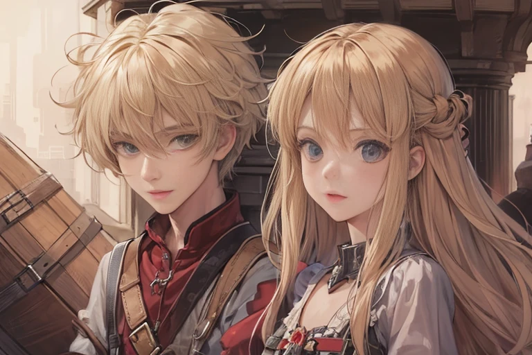 Anime characters: Teenage brother and sister explorers steam age medieval masterpiece shadow avatar young man blond hair a woman alone front