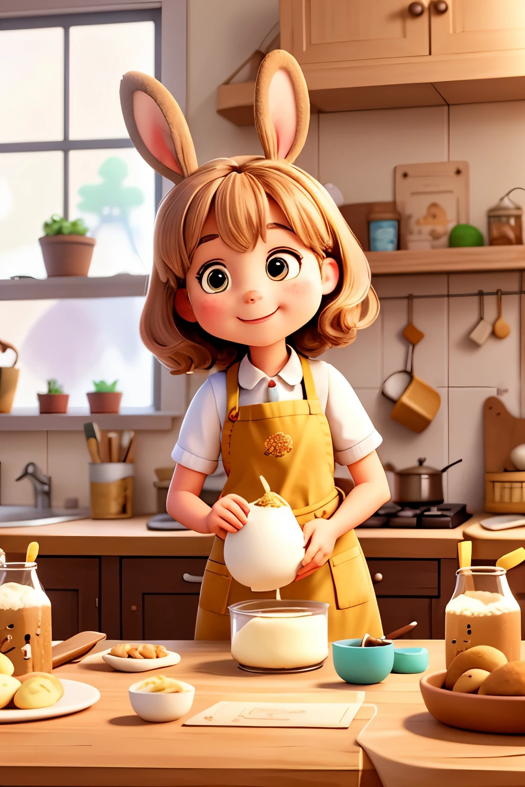 A delightful scene of children-focused illustration displays a rabbit character, donning an apron, skillfully baking cookies at the counter. The enchanting rabbit, with twinkling round eyes and a playful smile, is surrounded by the essential baking ingredients. A steaming hot bowl filled with freshly mixed cookie dough lies before him. Nearby, invitingly arranged, are colorful packets of chocolate chips, gleaming brown eggs, piles of flour, and a carton of milk, eagerly awaiting their transformation into scrumptious treats.