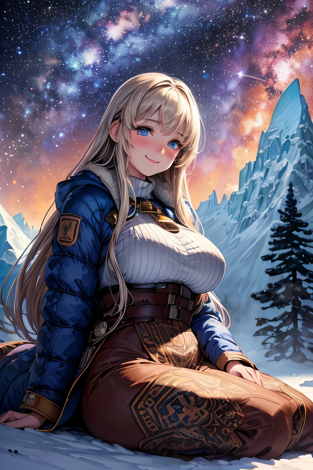 masterpiece, top quality, best quality, official art, beautiful and aesthetic, ultra-detailed, intricate details, (amazing illustration:1.5), award-winning art, atmospheric,
(1 woman, solo:1.5),
light brown semi-long hair,beautiful eyes,blue eyes,medium large breasts,voluptuous body,
(Down jacket:1.3),(Thick clothes:1.2),
(sitting:1.4),
(blush:1.4),(smile:1.2),
(fullbody:1.3),
(indigo snowy mountain:1.2),(bonfire:1.2),(camping tent:1.2),(milky way:1.5),
dynamic angle,
( (pale:1.2) Pastel neon colors:1.2),(white background:0.8),(very wide shot:1.7),(realistic:1.3),