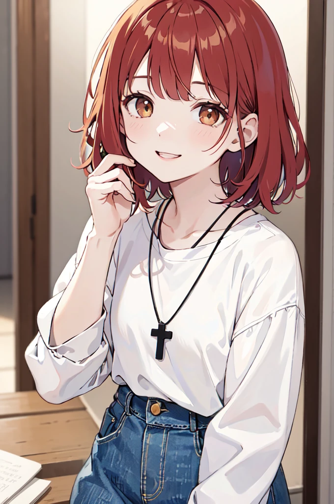 (masterpiece), (best quality), (ultra detailed),(disheveled hair),(illustration), (1woman), ((casual clothing)(colorful clothing)), standing, Fashion model, looking at viewer, (interview), (casual background),beautiful brown eyes, delicate beautiful face, ,(high saturation),(colorful splashes),(shining), kamisato ayaka, red hair, bangs, short hair, (shining), best lighting, best shadow. catholic cross necklace. smiling sexy