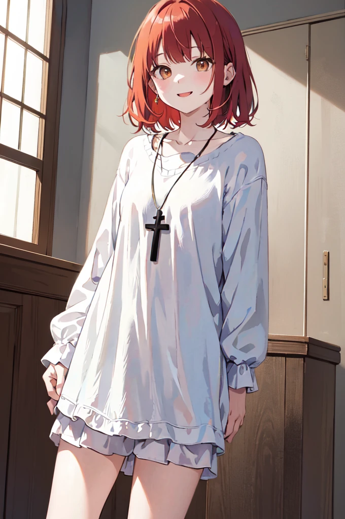 (masterpiece), (best quality), (ultra detailed),(disheveled hair),(illustration), (1woman), ((casual clothing)(colorful clothing)), standing, Fashion model, looking at viewer, (interview), (casual background),beautiful brown eyes, delicate beautiful face, ,(high saturation),(colorful splashes),(shining), kamisato ayaka, red hair, bangs, short hair, (shining), best lighting, best shadow. catholic cross necklace. smiling sexy