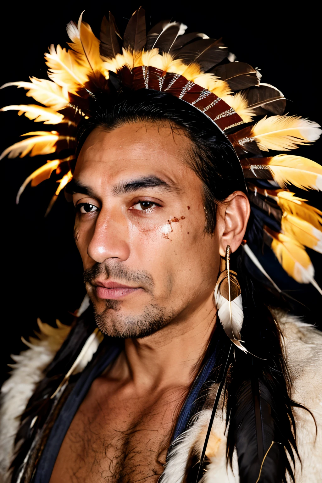 gichi-manidoo,powerfull ,Male native american god like being with a glowing face,in traditional Native american clothing ,a hat with long feathers from the top of his head,has gold bands around his shoulder and glowing eyes,glowing cracks on face,blank background ,has hands stretched out in front of him,best quality ,close up view,muscles are covered with native american clothing, slightly muscler,facing forward