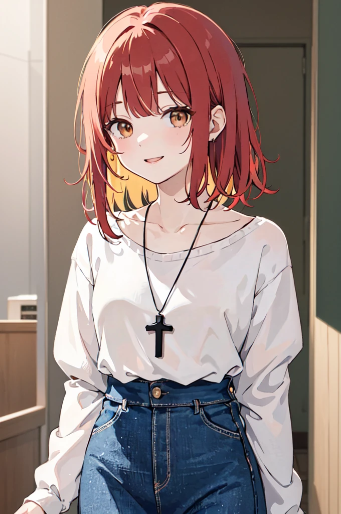 (masterpiece), (best quality), (ultra detailed),(disheveled hair),(illustration), (1woman), ((casual clothing)(colorful clothing)), standing, Fashion model, looking at viewer, (interview), (casual background),beautiful brown eyes, delicate beautiful face, ,(high saturation),(colorful splashes),(shining), kamisato ayaka, red hair, bangs, short hair, (shining), best lighting, best shadow. catholic cross necklace. smiling sexy