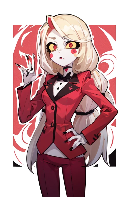 high quality, masterpiece, Charlie, RedSuit, (white skin, pure white skin), red eyes, black nails, long hair, (blush stickers:1.2), yellow sclera