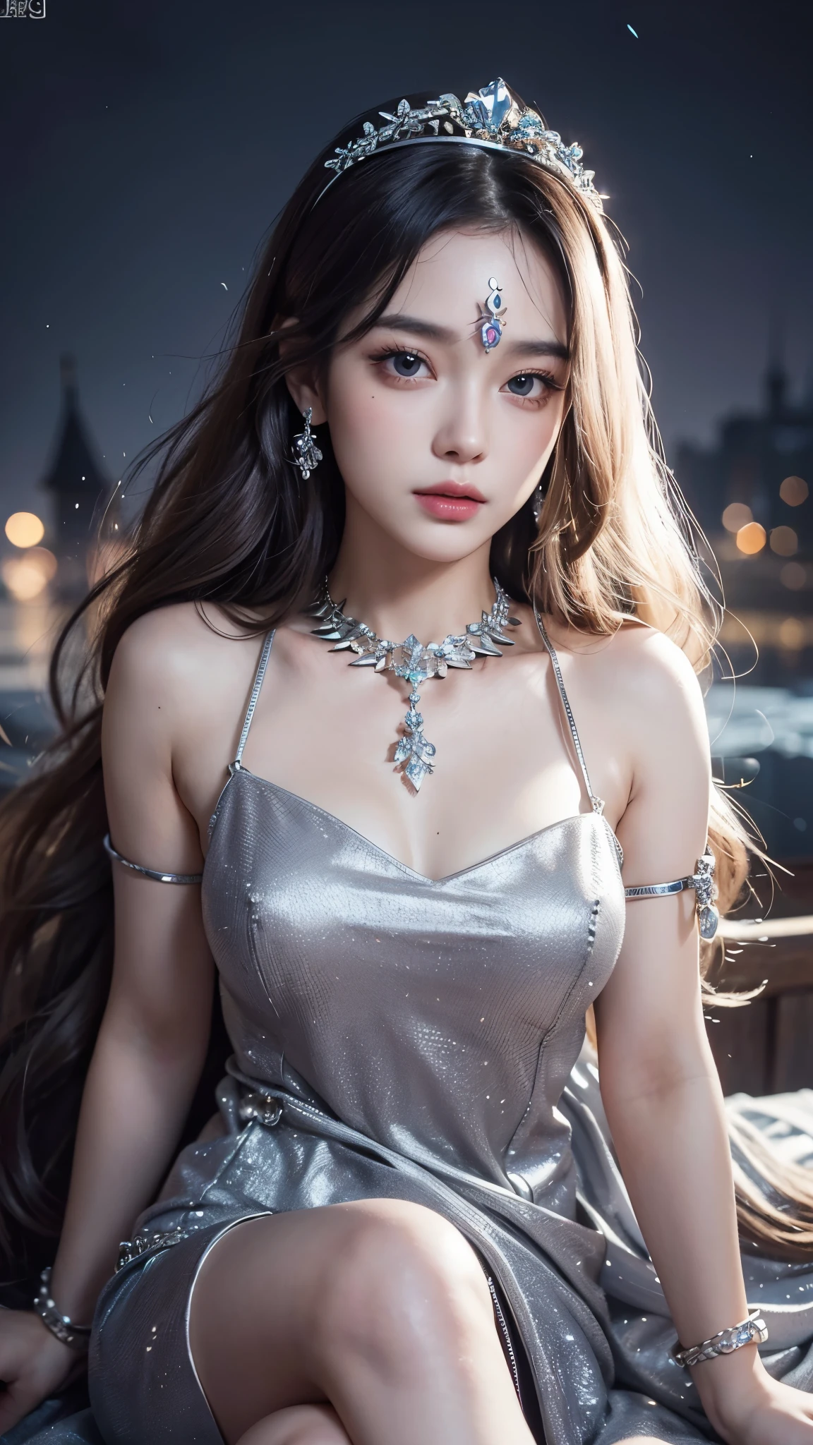 8K, ultra HD, masterpiece, realistic, 1 girl, good face, happy, smoggy makeup, very long hair, princess hairstyle, detailed eyes, detailed lips, beautiful figure, very detailed dress, silver dress, (straps:1.5) (jewelry:1.8), princess castle, bloom lighting, night lighting, darkness, sittting,