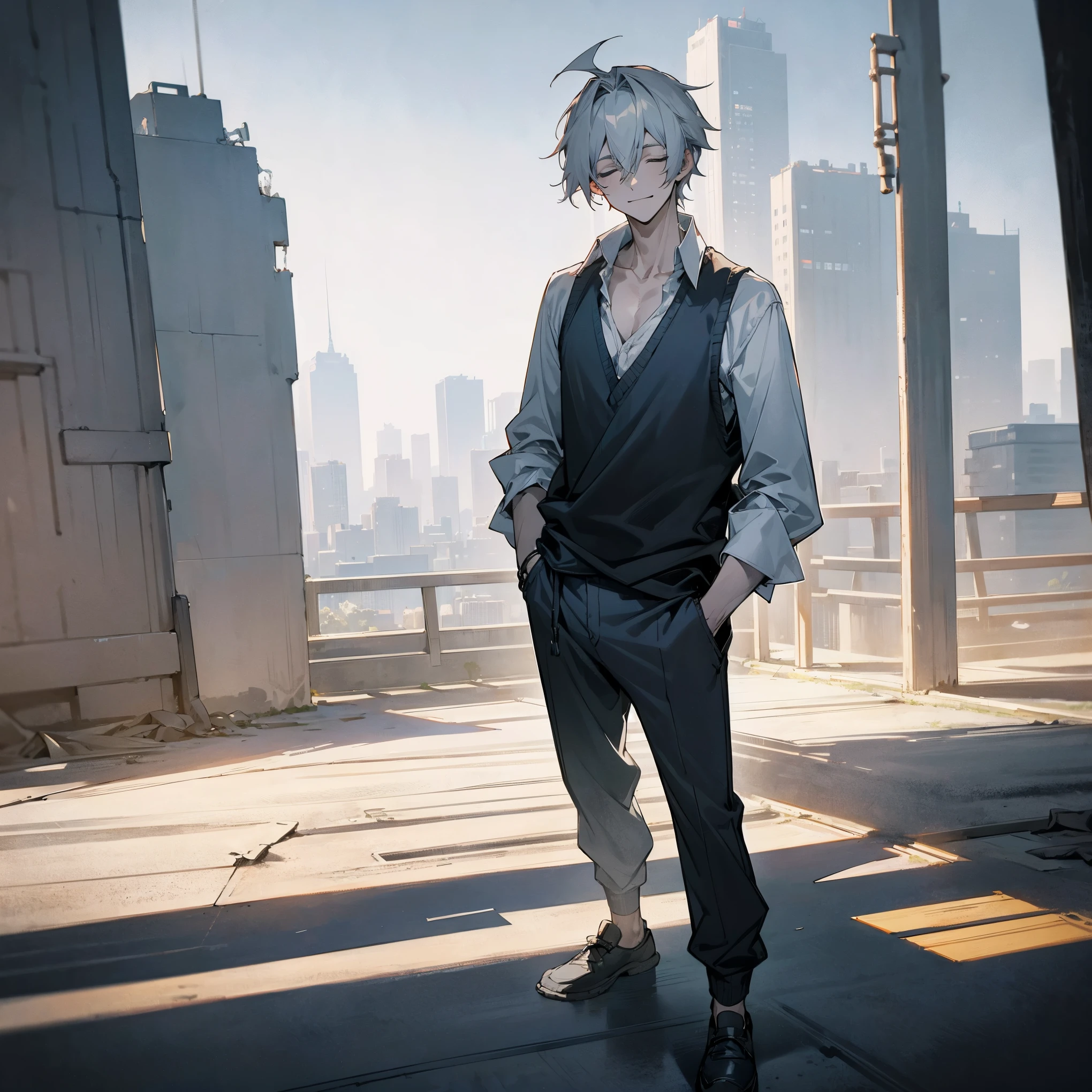 1male, teen, messy pale grey hair with black highlights, closed eyes, body scars, posing with hands in pockets, loose v neck shirt with sleeves rolled up, suit vest, loose baggy jogging pants, best lighting and shadows, night time big city, tokyo, evil smile