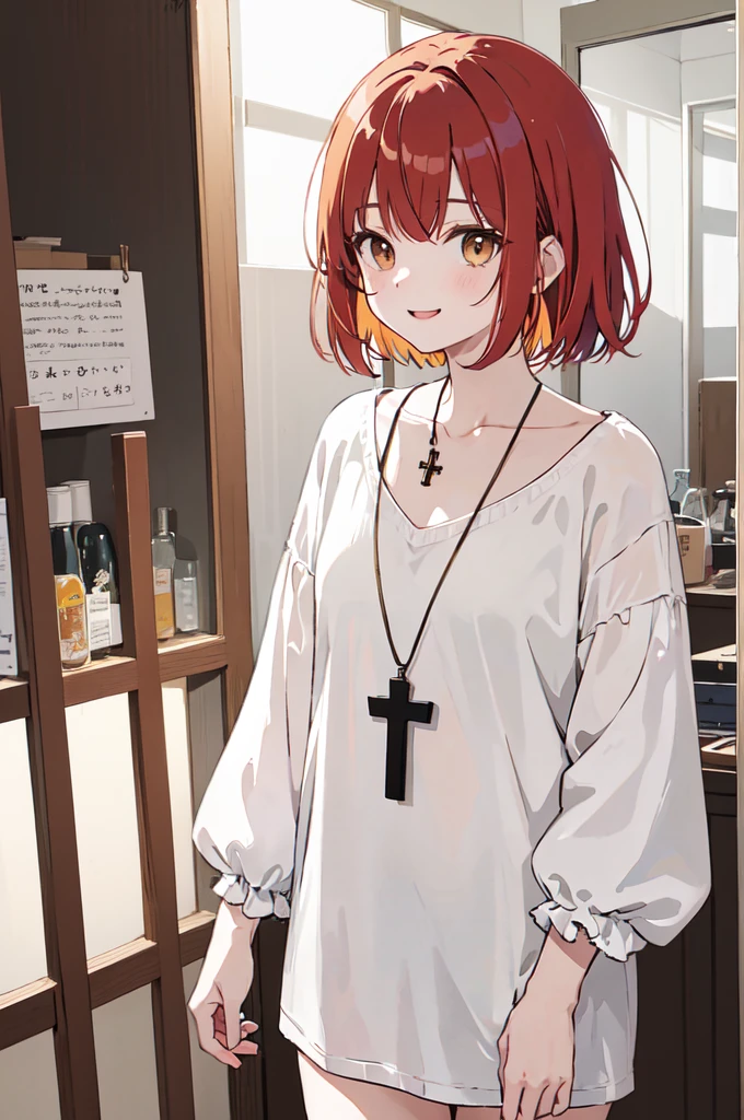 (masterpiece), (best quality), (ultra detailed),(disheveled hair),(illustration), (1woman), ((casual clothing)(colorful clothing)), standing, Fashion model, looking at viewer, (interview), (casual background),beautiful brown eyes, delicate beautiful face, ,(high saturation),(colorful splashes),(shining), kamisato ayaka, red hair, bangs, short hair, (shining), best lighting, best shadow. catholic cross necklace. smiling sexy