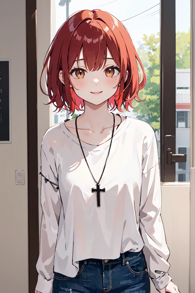 (masterpiece), (best quality), (ultra detailed),(disheveled hair),(illustration), (1woman), ((casual clothing)(colorful clothing)), standing, Fashion model, looking at viewer, (interview), (casual background),beautiful brown eyes, delicate beautiful face, ,(high saturation),(colorful splashes),(shining), kamisato ayaka, red hair, bangs, short hair, (shining), best lighting, best shadow. catholic cross necklace. smiling sexy