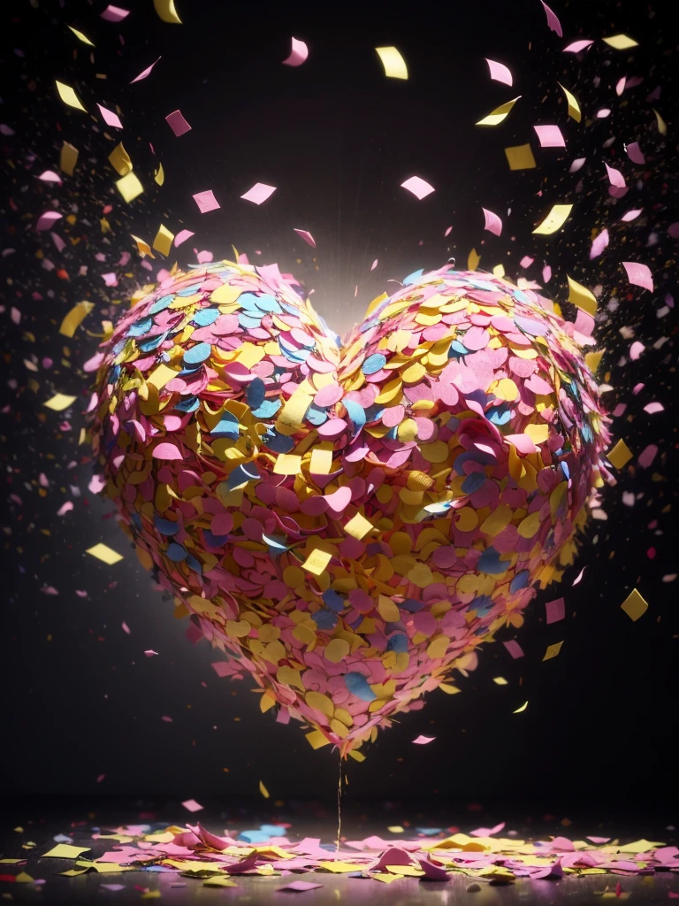 Colored confetti:1.5,Colored confetti flying in the sky,Floating confetti fills the sky,Confetti scattered on the stage,in scraps of paper,hyper detailed masterpiece, Dynamic, good quality, Floating Extra Large Ethereal Colorful Heart