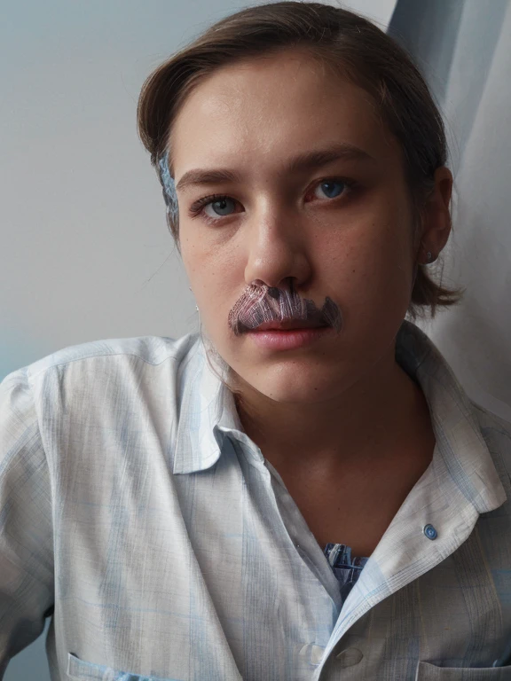 Uniform illumination of the face, light blue background, Styled hair