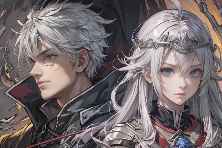 Anime characters: Teenage brother and sister explorers steam age medieval masterpiece shadow avatar young man silver hair a woman alone front