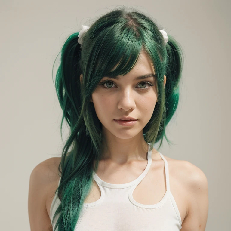 SAME GIRL, SAME FACE, GREEN HAIR, model photo shoot, white background,  model clothes