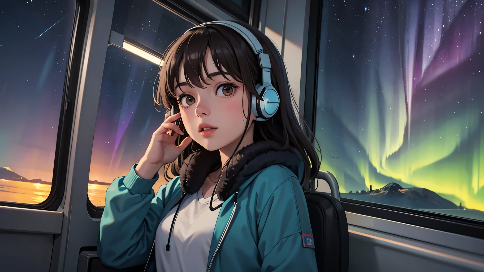 lofi one relaxed brunette girl drives inside bus, looks through window, head glued to window, she sees northern lights over beautiful landscape of Iceland. girl is at side of picture. girl has headphones. warm clothes. night. long hair.