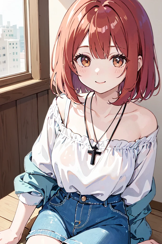 (masterpiece), (best quality), (ultra detailed),(disheveled hair),(illustration), (1woman), ((casual clothing)(colorful clothing)), standing, Fashion model, looking at viewer, (interview), (casual background),beautiful brown eyes, delicate beautiful face, ,(high saturation),(colorful splashes),(shining), kamisato ayaka, red hair, bangs, short hair, (shining), best lighting, best shadow. catholic cross necklace. smiling sexy