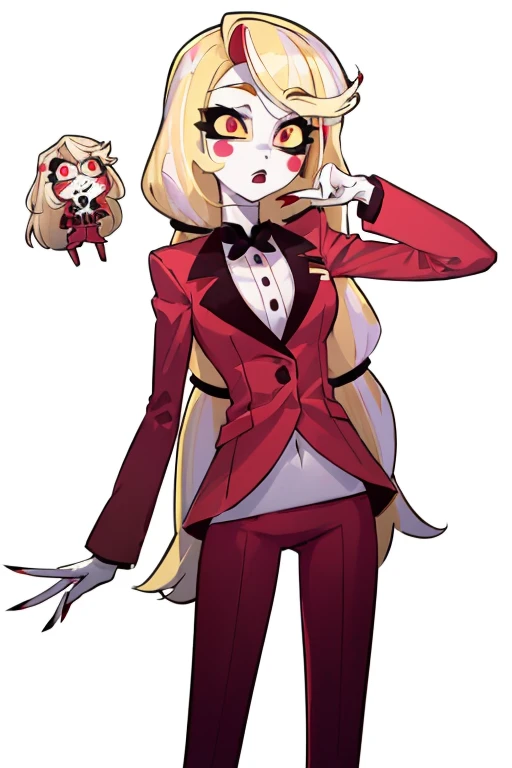 high quality, masterpiece, Charlie, RedSuit, (white skin, pure white skin), red eyes, black nails, long hair, (blush stickers:1.2), yellow sclera, Charlie Morningstar, long hair, red suit, red pants, 1girl, yellow sclera, blonde hair, white skin