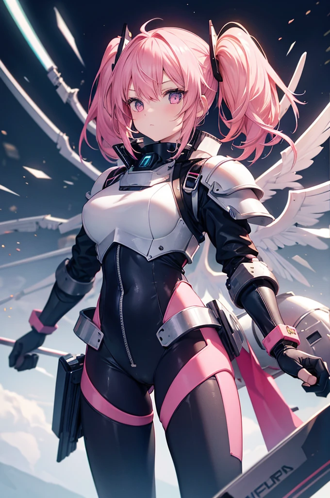 1girl,twintail,bodysuit,plate armor,pinkhair,glove,mechanical parts, mechanical wings,