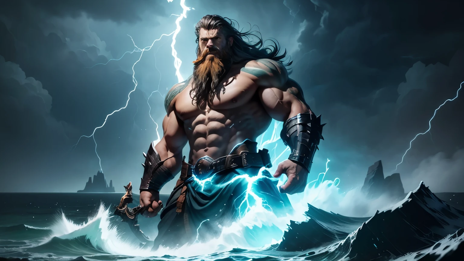 A hulking Thor atop a storm-wracked cliff, his hammer Mjolnir raised high. Lightning bolts crackle from his fingertips, illuminating the furious sea below. His fiery beard whips in the gale, eyes blazing with power as he bellows a challenge to the heavens.
