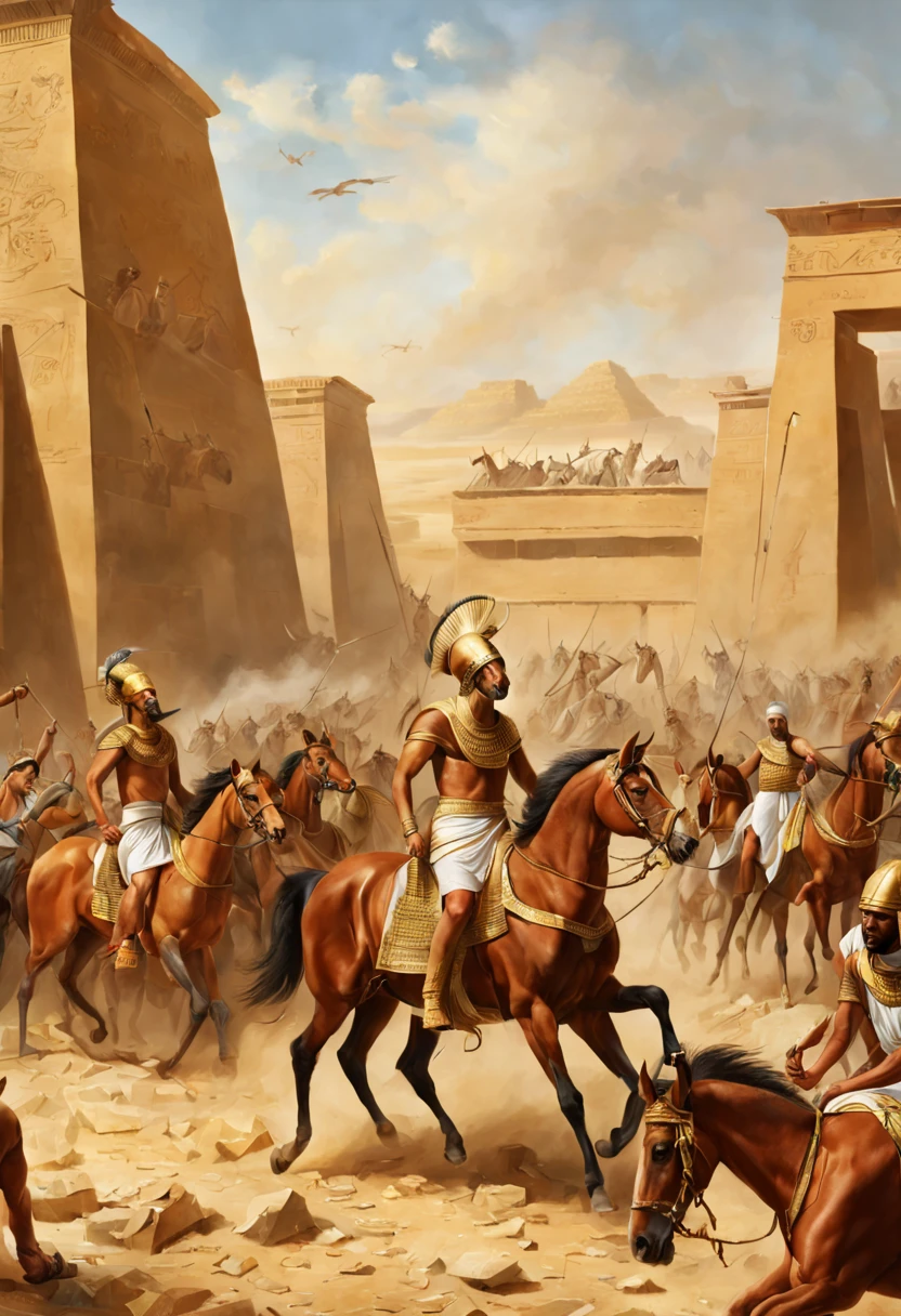 A battle going in ancient egypt, realistic workers in background. horses and gold