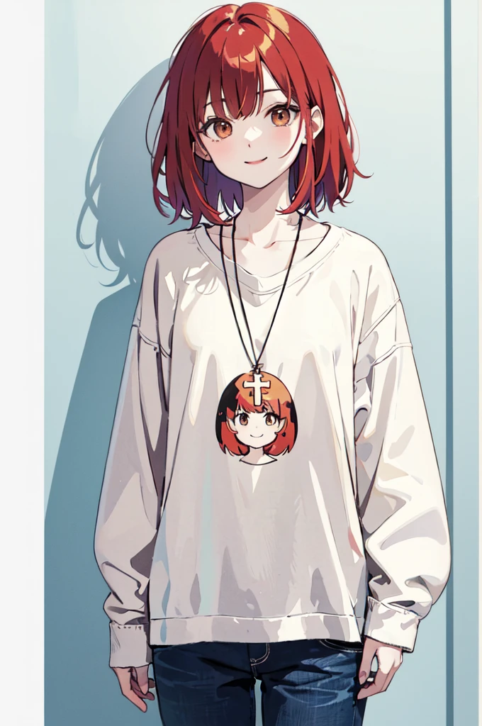 (masterpiece), (best quality), (ultra detailed),(disheveled hair),(illustration), (1woman), ((casual clothing)(colorful clothing)), standing, Fashion model, looking at viewer, (interview), (casual background),beautiful brown eyes, delicate beautiful face, ,(high saturation),(colorful splashes),(shining), kamisato ayaka, red hair, bangs, short hair, (shining), best lighting, best shadow. catholic cross necklace. smiling sexy