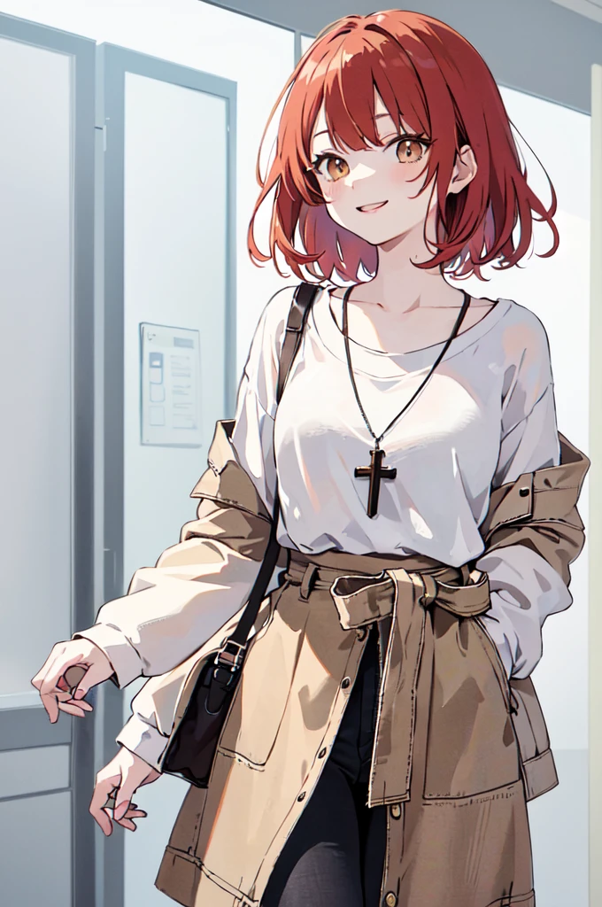 (masterpiece), (best quality), (ultra detailed),(disheveled hair),(illustration), (1woman), ((casual clothing)(colorful clothing)), standing, Fashion model, looking at viewer, (interview), (casual background),beautiful brown eyes, delicate beautiful face, ,(high saturation),(colorful splashes),(shining), kamisato ayaka, red hair, bangs, short hair, (shining), best lighting, best shadow. catholic cross necklace. smiling sexy