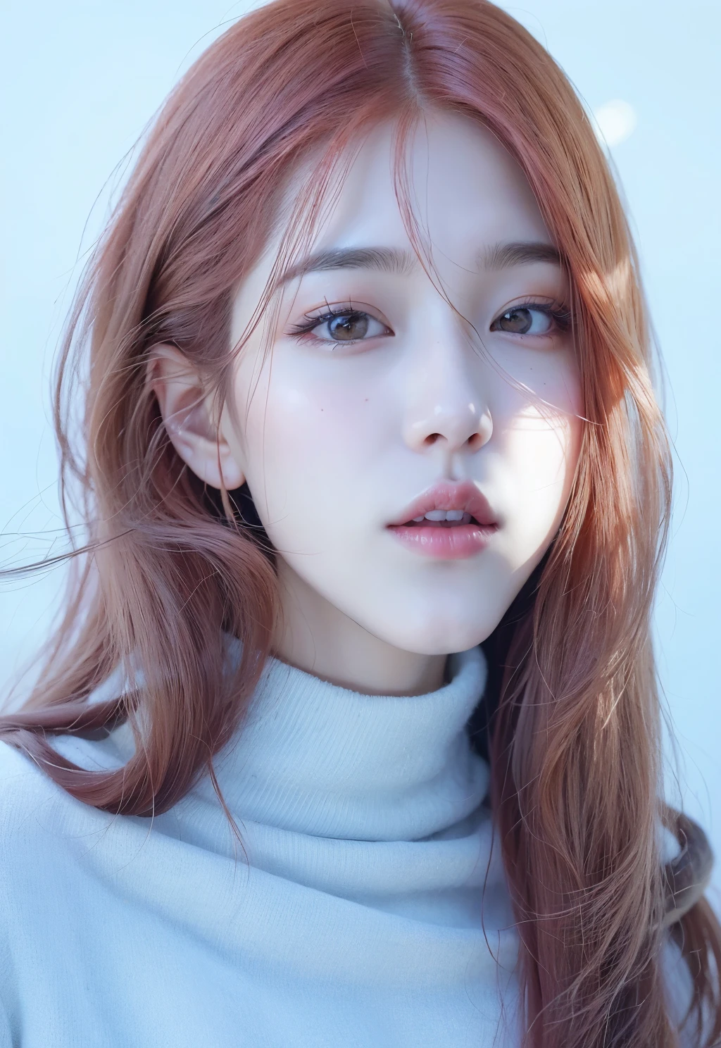 A closeup of a woman with long red hair wearing a turtleneck sweater, retrato de jisoo rosa negro, jossi de blackpink, parque roseanne de blackpink, portrait of jossi de blackpink, kim doyoung, Jinyoung Shin, Jisoo de Blackpink, heonhwa choe, jisoo de blackpink, aparcar desde-min, lee ji - eun, lee ji-eun, jia, han so hee, so hee han, lee so hee