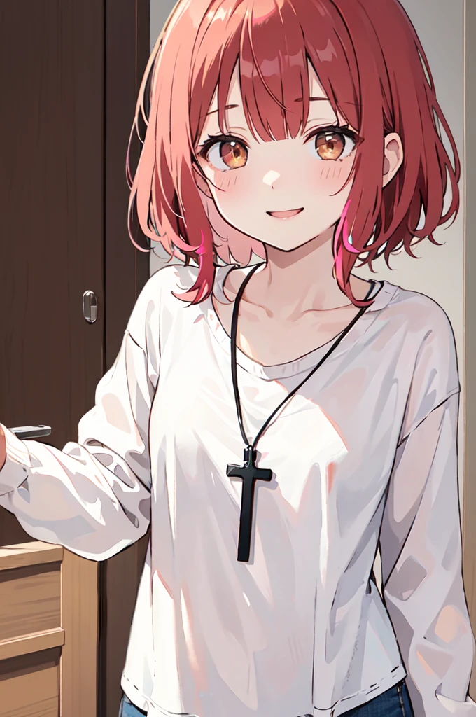 (masterpiece), (best quality), (ultra detailed),(disheveled hair),(illustration), (1woman), ((casual clothing)(colorful clothing)), standing, Fashion model, looking at viewer, (interview), (casual background),beautiful brown eyes, delicate beautiful face, ,(high saturation),(colorful splashes),(shining), kamisato ayaka, red hair, bangs, short hair, (shining), best lighting, best shadow. catholic cross necklace. smiling sexy. blush