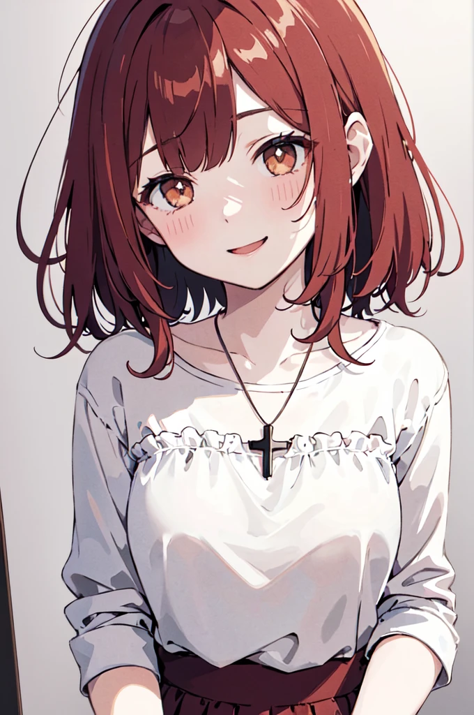 (masterpiece), (best quality), (ultra detailed),(disheveled hair),(illustration), (1woman), ((casual clothing)(colorful clothing)), standing, Fashion model, looking at viewer, (interview), (casual background),beautiful brown eyes, delicate beautiful face, ,(high saturation),(colorful splashes),(shining), kamisato ayaka, red hair, bangs, short hair, (shining), best lighting, best shadow. catholic cross necklace. smiling sexy. blush
