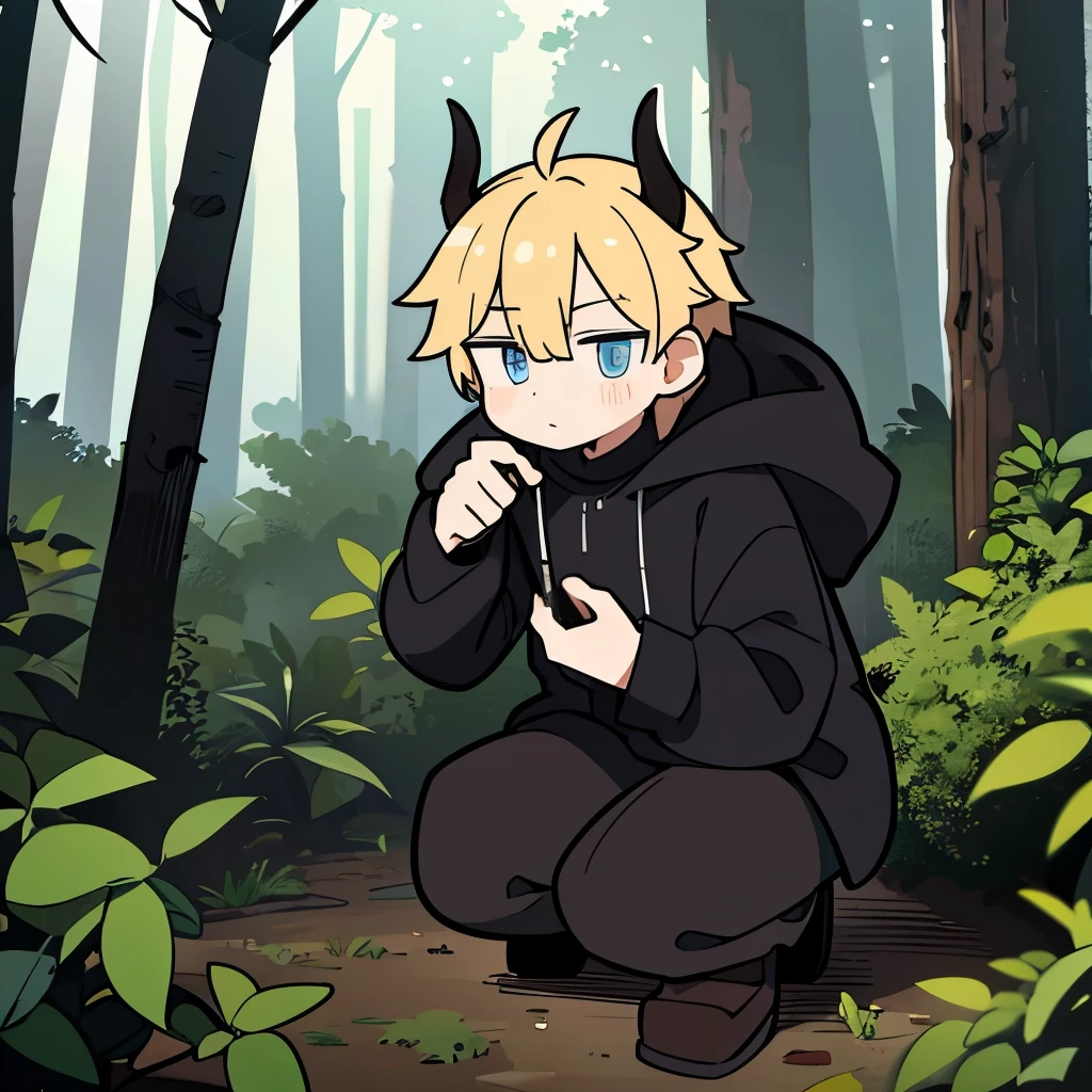 A Russian man with a black horns one broken and he's in a forest 