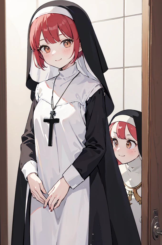 1girl, nun, saintles, long peach hair, hood, bright pink eyes, portrait, happy expression, pink blush in cheek, glowing, sidelighting, cross pendant, adult, hold cheek her self