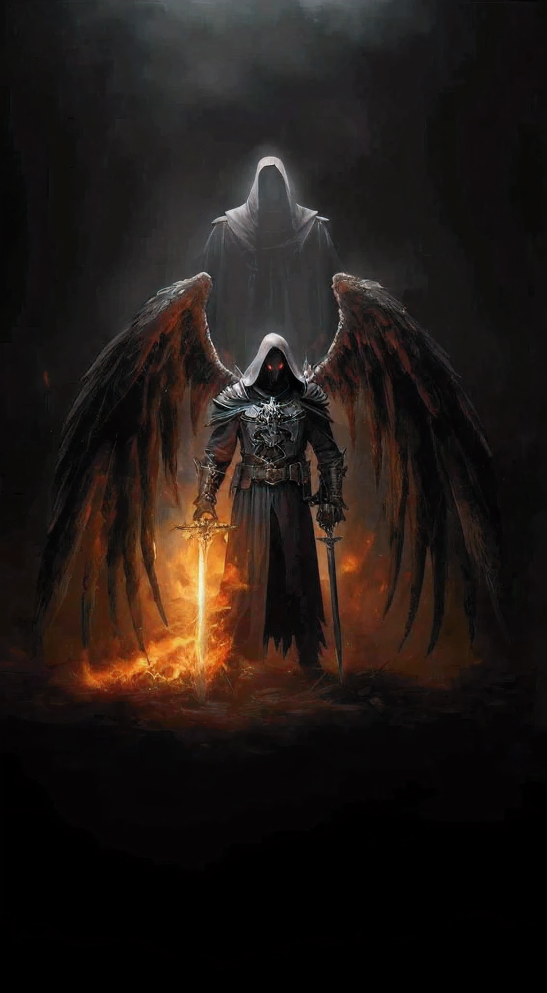 a dark angel with a sword and a flame in his hand, the angel of death, the angel of death with a halo, angel of death, reaper of night!!!!, dark angel, beautiful male god of death, portrait of the angel of death, archangel, angel in hell, angel watching demon, fantasy dark art, god of death, holy flame spell