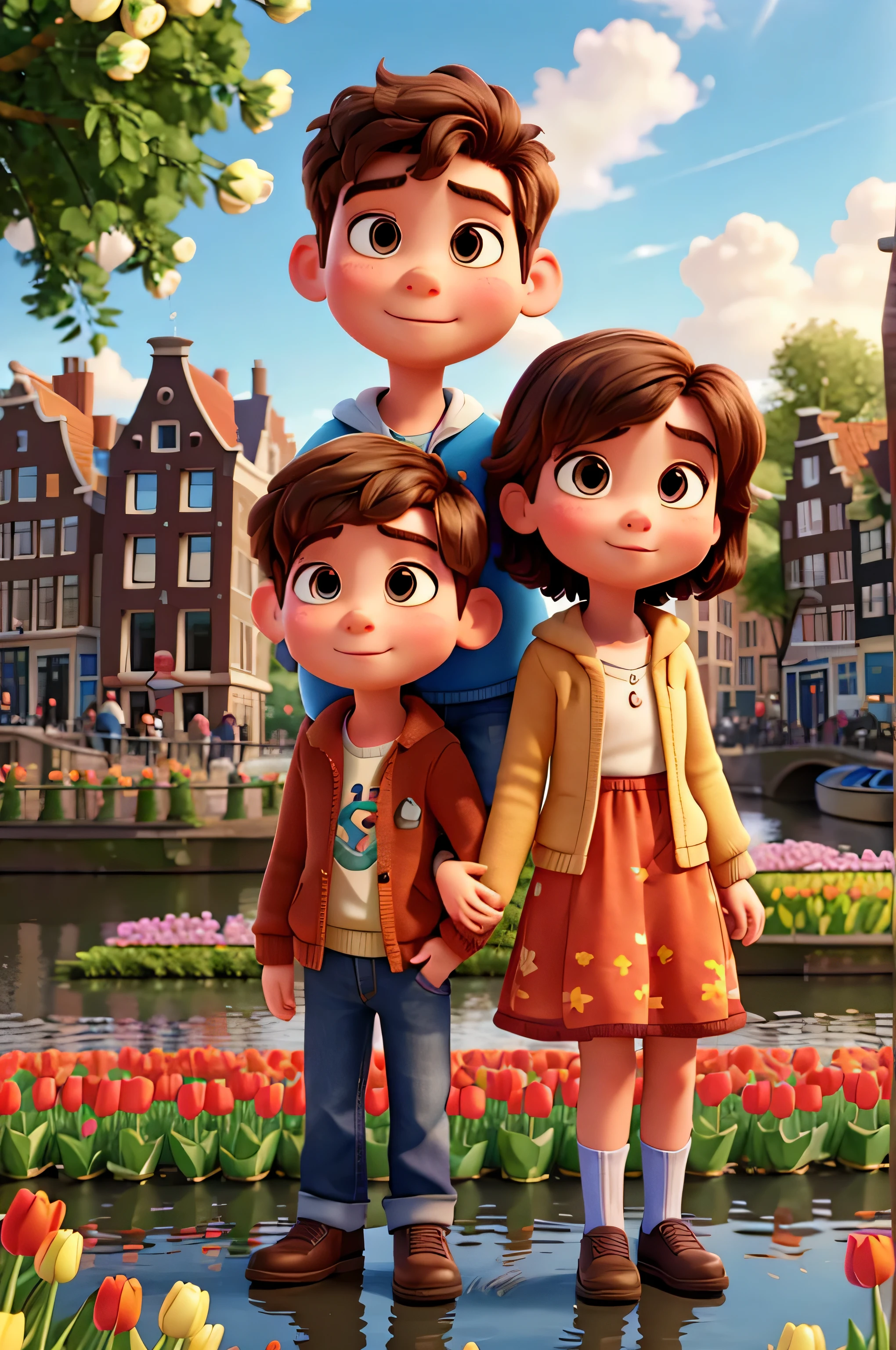 pixar style high definition image, a boy and a girl playing near the canals of Amsterdam with tulips in the flower beds