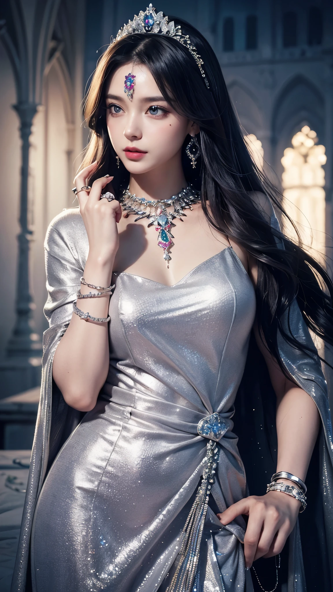 8K, ultra HD, masterpiece, realistic, 1 girl, good face, happy, smoggy makeup, very long hair, princess hairstyle, detailed eyes, detailed lips, medium figure, very detailed dress, silver dress, (jewelry:1.8), princess castle, bloom lighting, night lighting, darkness,