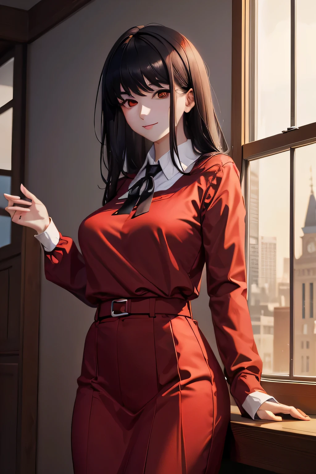 hight resolution、masterpiece、Yoru、A dark-haired、red clothing、lite smile、A slender、A detailed face