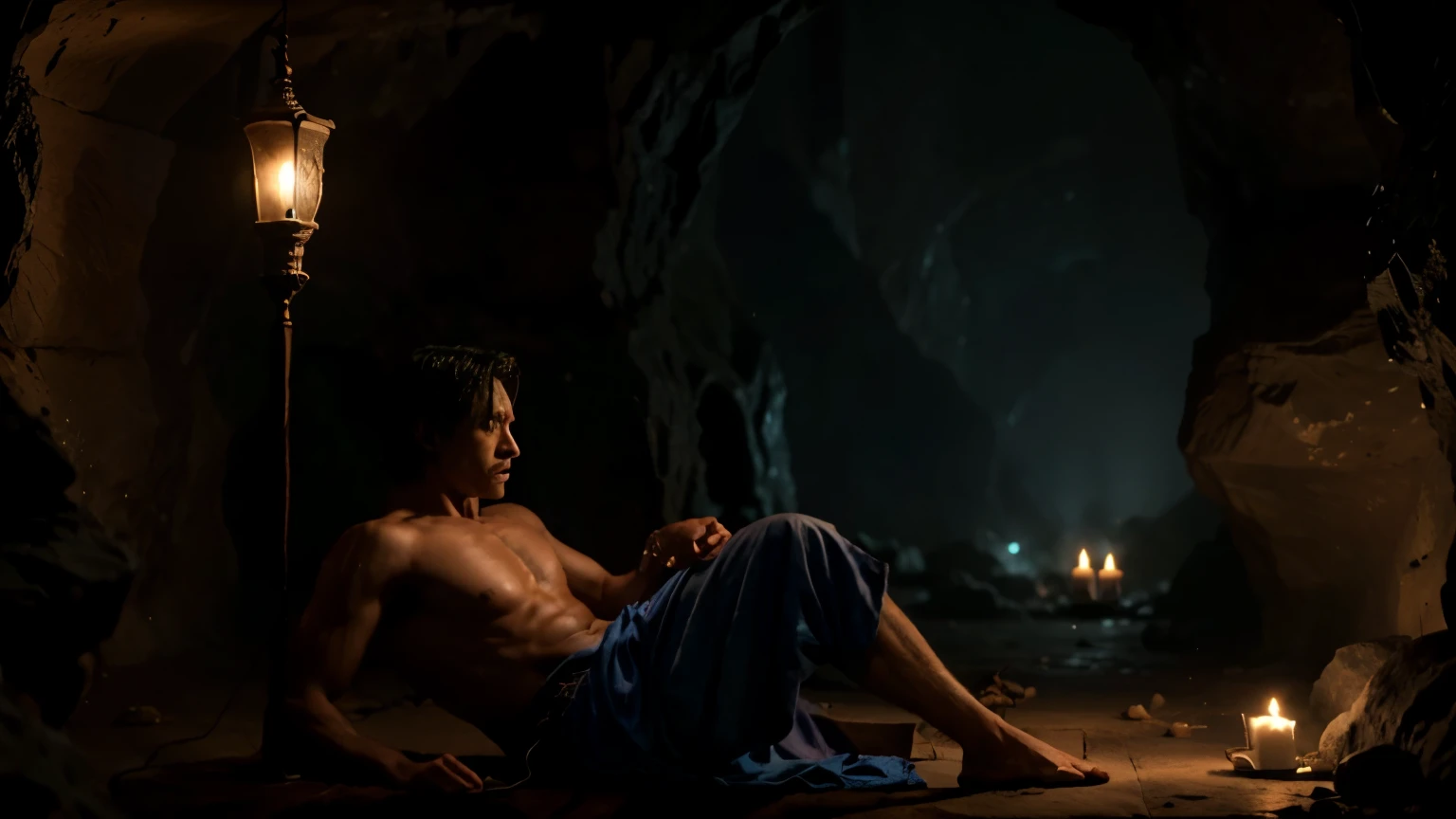 Aladdin, being agile and clever, reached the lamp. However, when the sorcerer refused to help him out, Aladdin became trapped in the cave