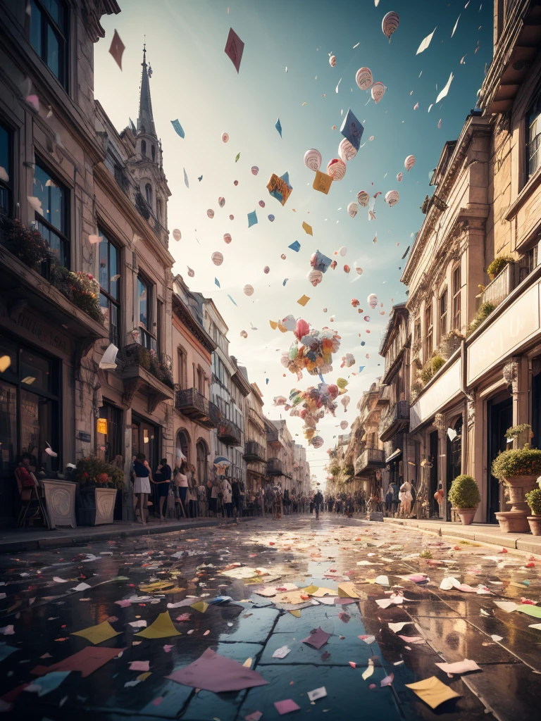 Colored confetti:1.5，Colored confetti flying in the sky，Floating confetti fills the sky，Confetti scattered on the stage，in scraps of paper，hyper detailed masterpiece, Dynamic, good quality, daylight